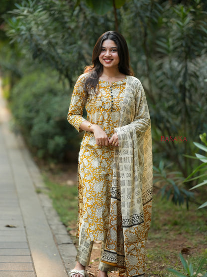 Mustard Yellow Floral Block Printed Suit Set (3 pcs.)