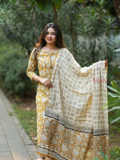 Mustard Yellow Floral Block Printed Suit Set (3 pcs.)