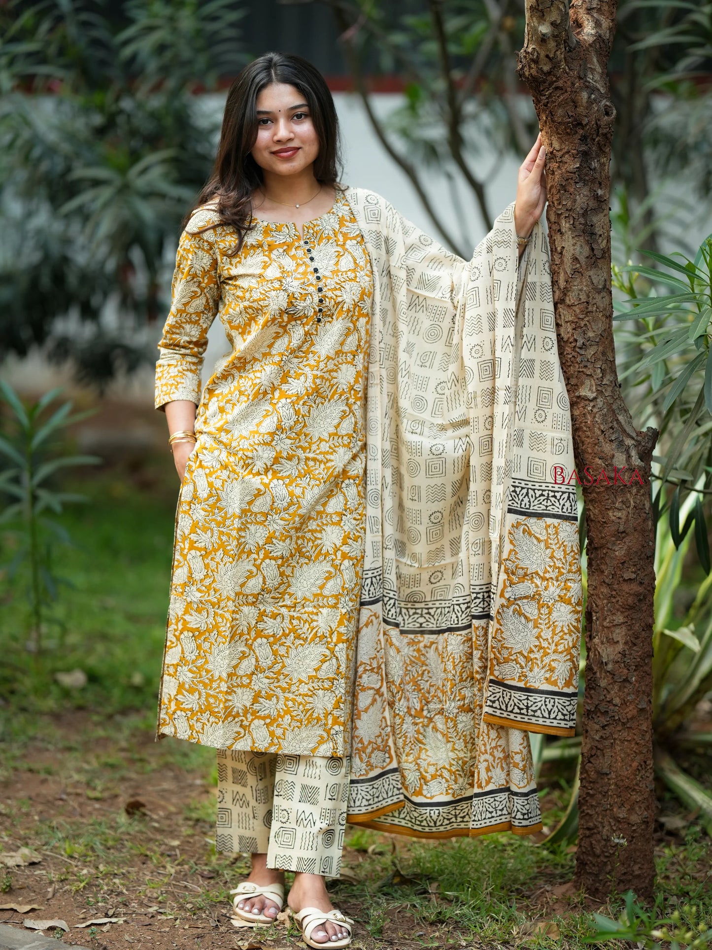 Mustard Yellow Floral Block Printed Suit Set (3 pcs.)