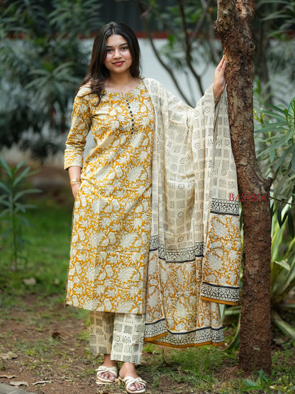 Mustard Yellow Floral Block Printed Suit Set (3 pcs.)