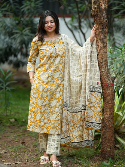 Mustard Yellow Floral Block Printed Suit Set (3 pcs.)