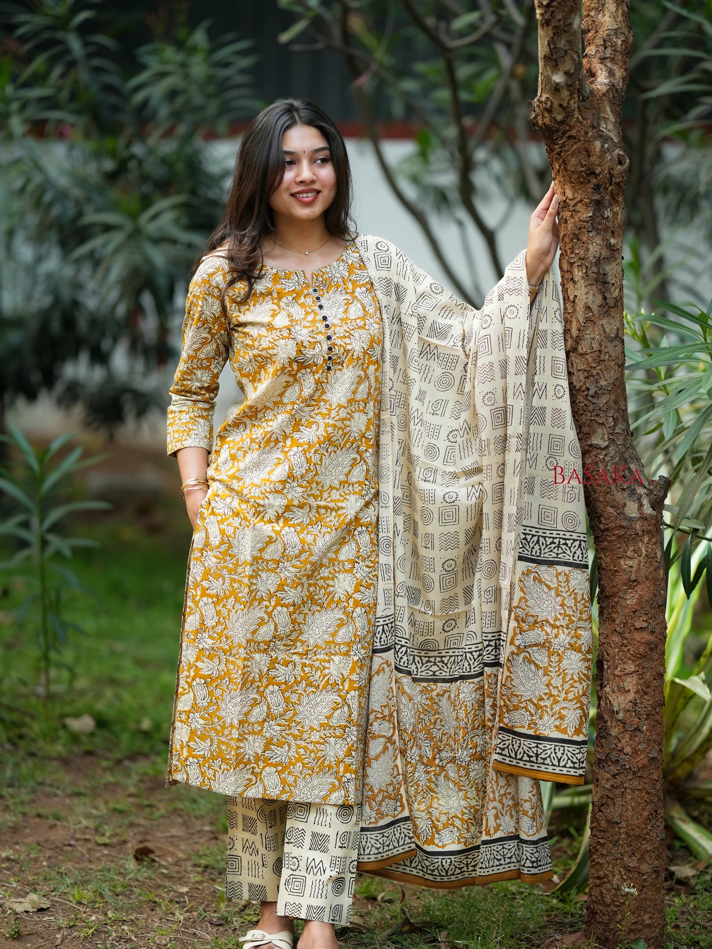 Mustard Yellow Floral Block Printed Suit Set (3 pcs.)