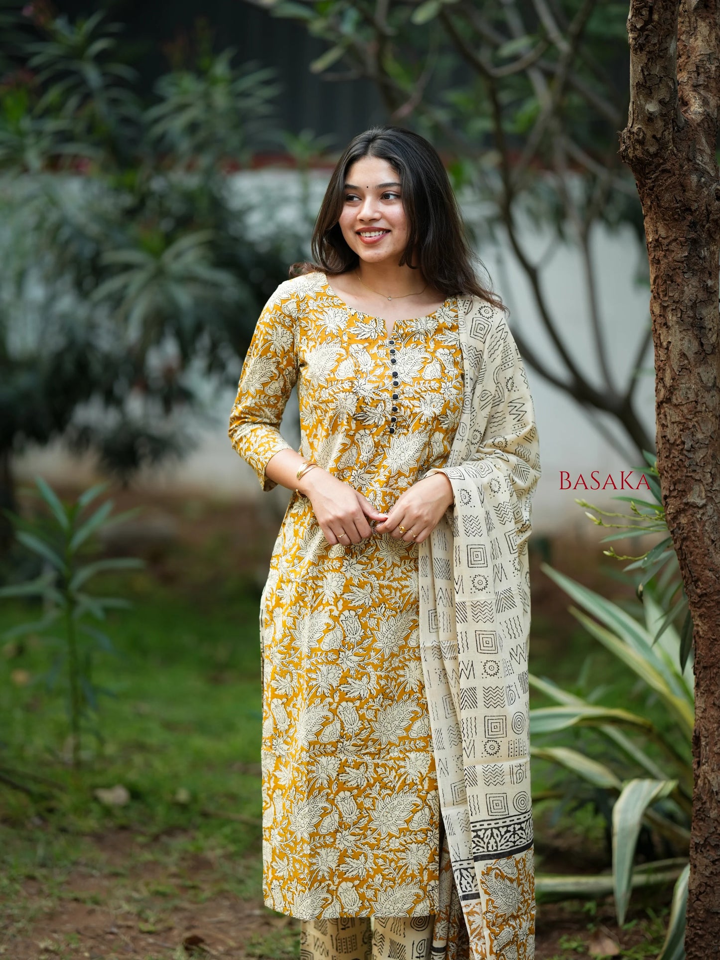 Mustard Yellow Floral Block Printed Suit Set (3 pcs.)