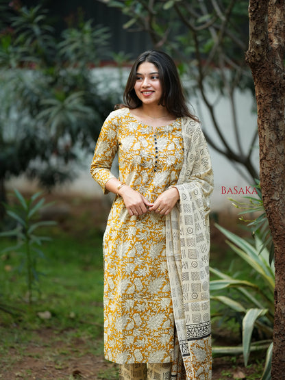 Mustard Yellow Floral Block Printed Suit Set (3 pcs.)