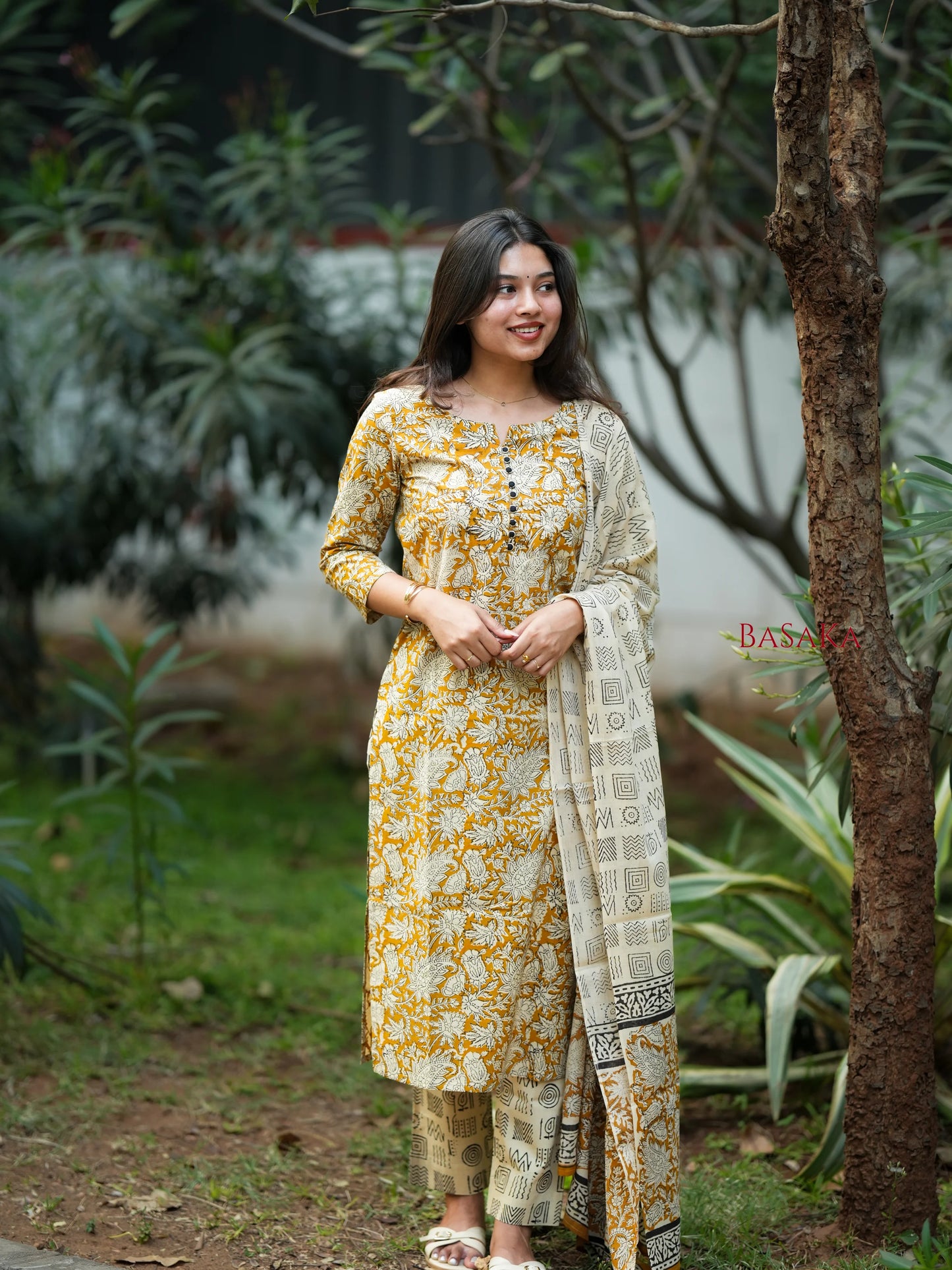 Mustard Yellow Floral Block Printed Suit Set (3 pcs.)