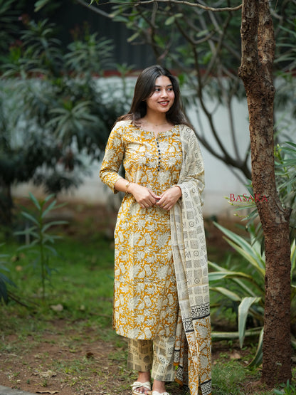 Mustard Yellow Floral Block Printed Suit Set (3 pcs.)