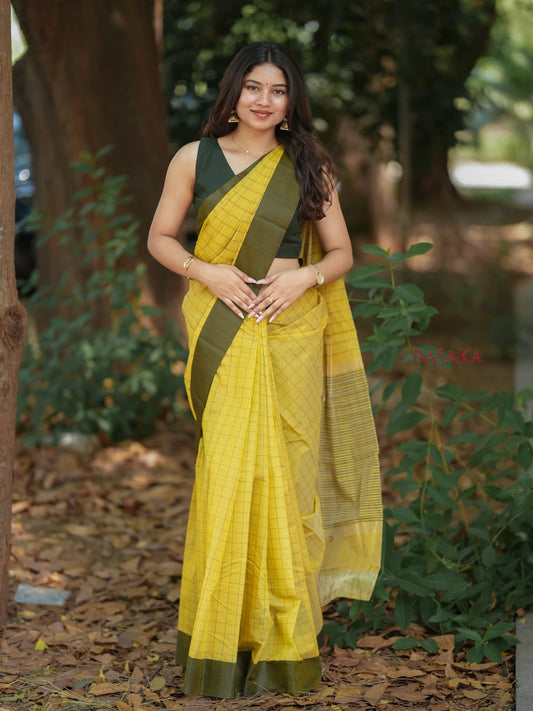 Mustard Checked Handloom SILK COTTON Saree
