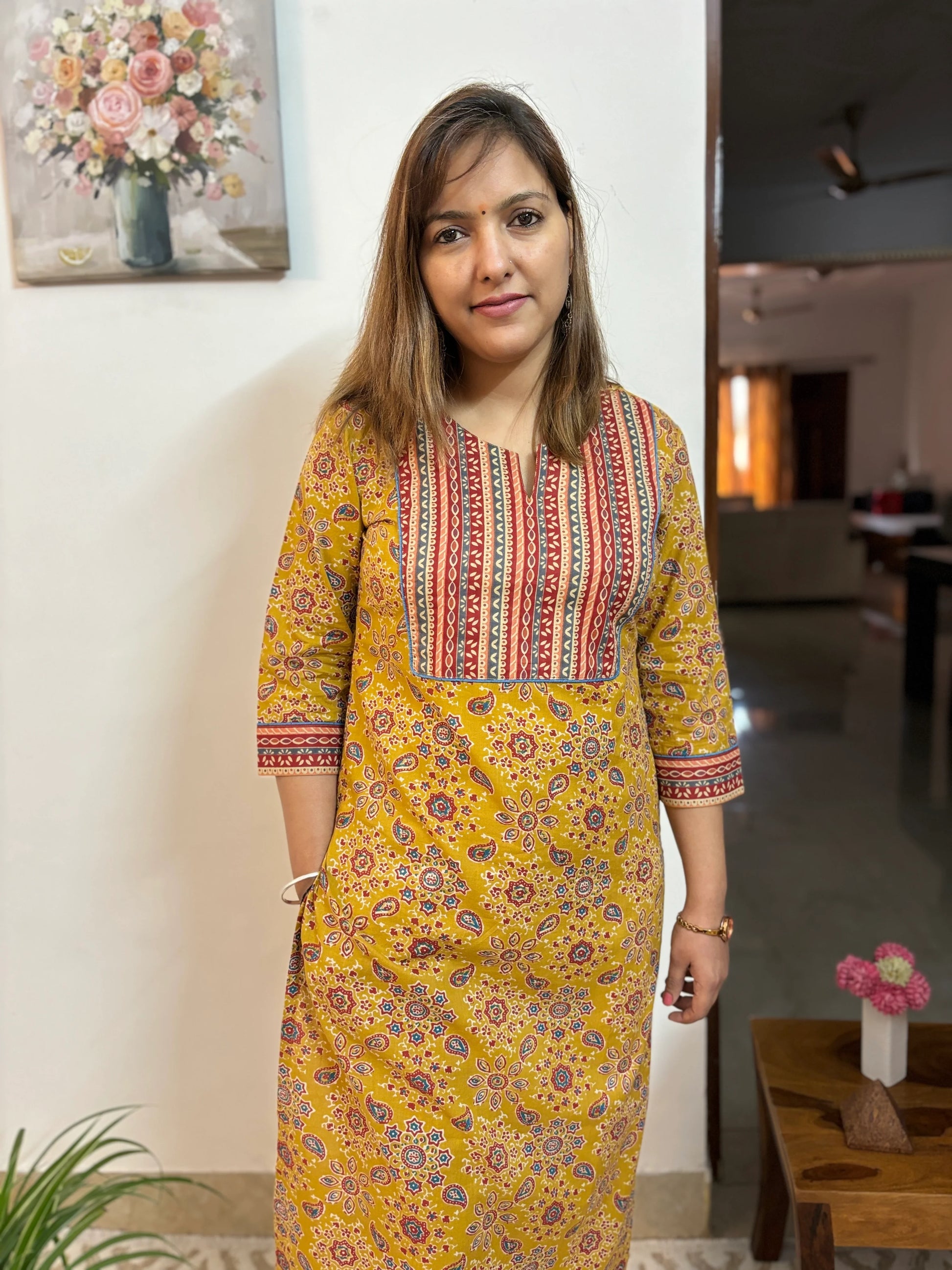 Mustard Yellow & Maroon Yoke Straight Kurta