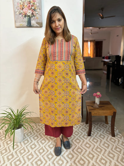 Mustard Yellow & Maroon Yoke Straight Kurta