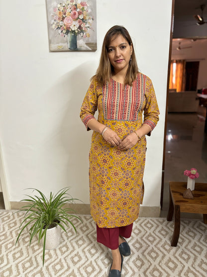 Mustard Yellow & Maroon Yoke Straight Kurta