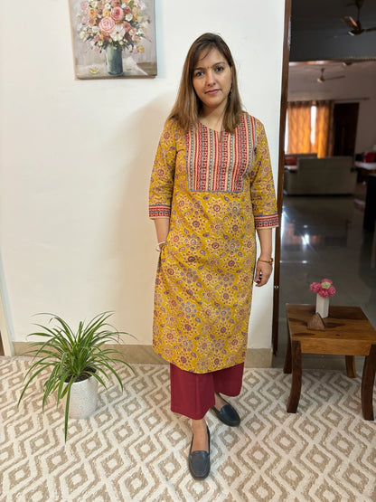 Mustard Yellow & Maroon Yoke Straight Kurta