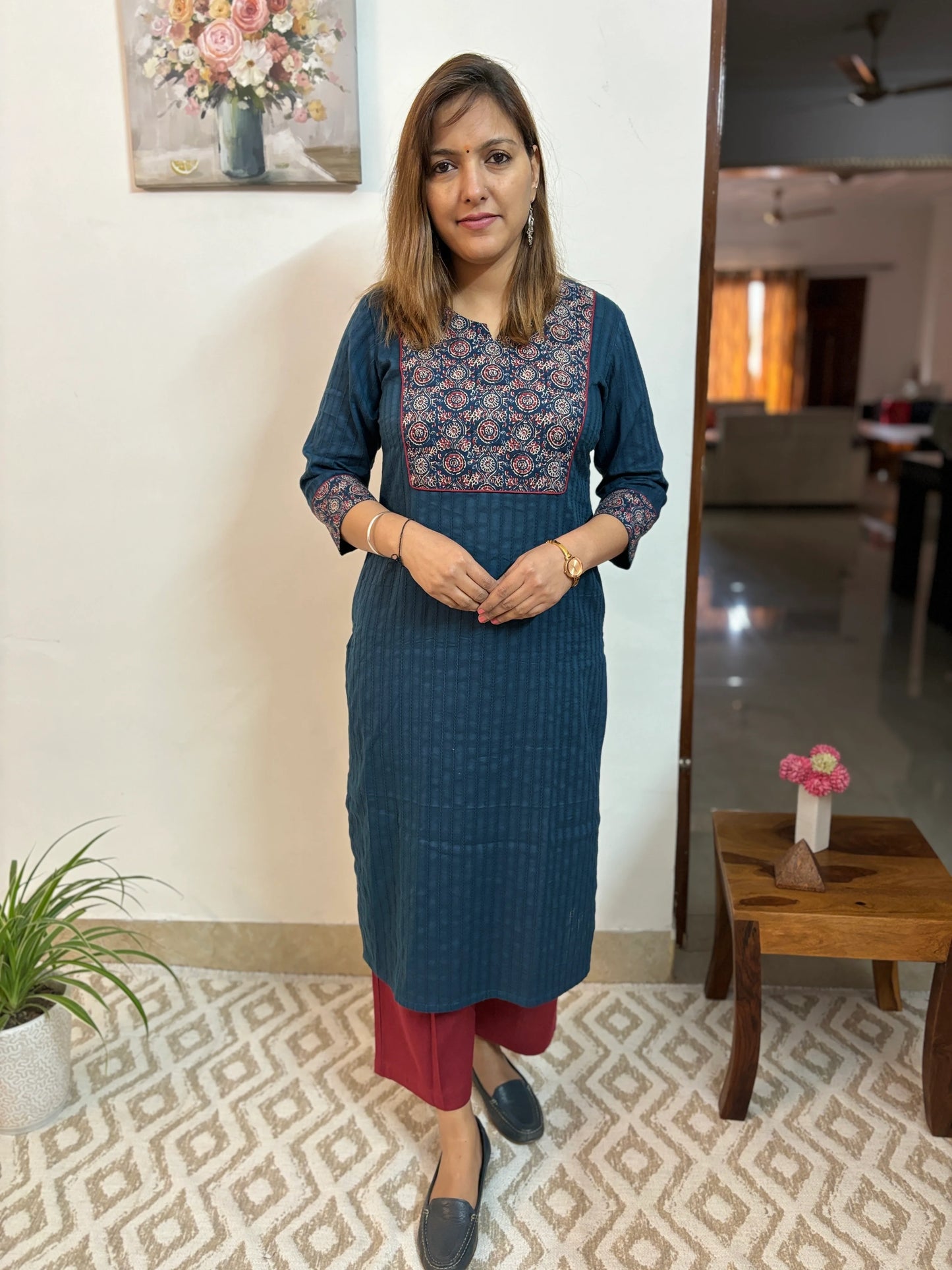 Navy Blue Floral Yoke Kurta