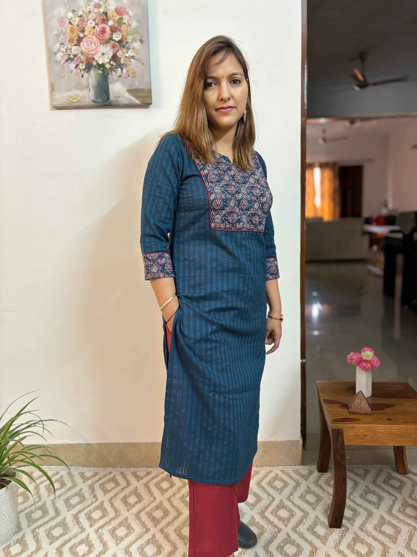 Navy Blue Floral Yoke Kurta