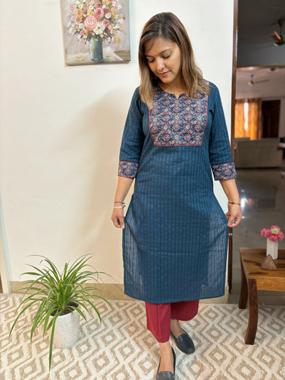 Navy Blue Floral Yoke Kurta