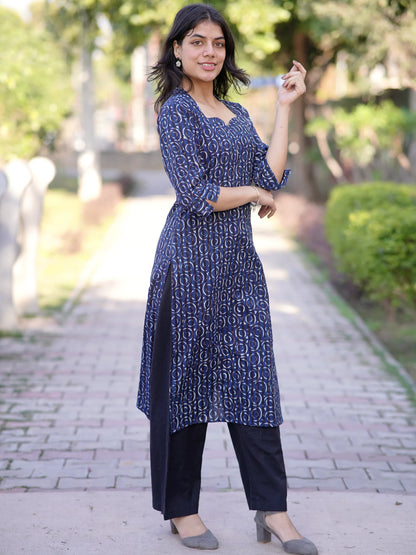 Navy Blue Geometric Block Printed Kurta