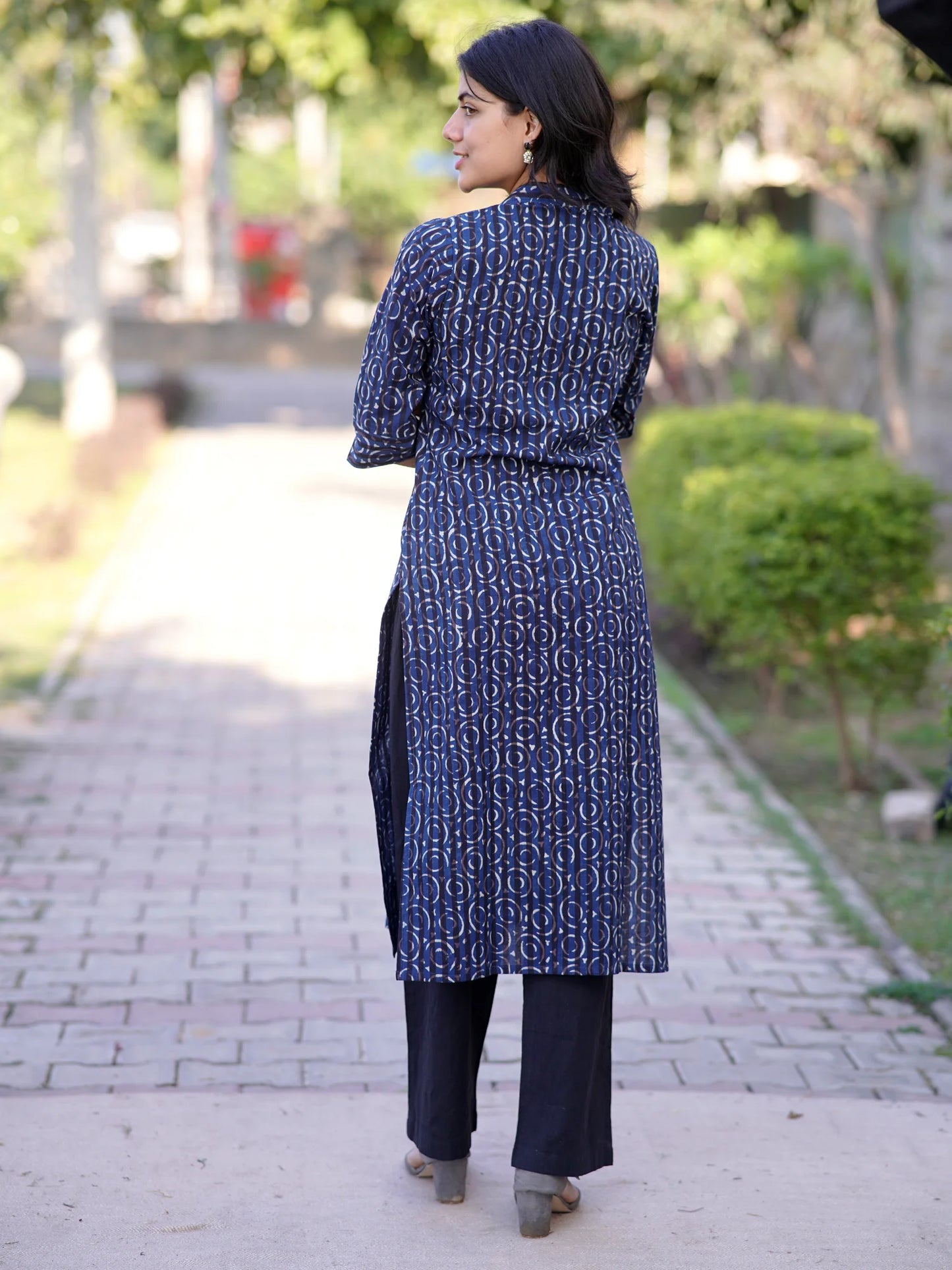 Navy Blue Geometric Block Printed Kurta