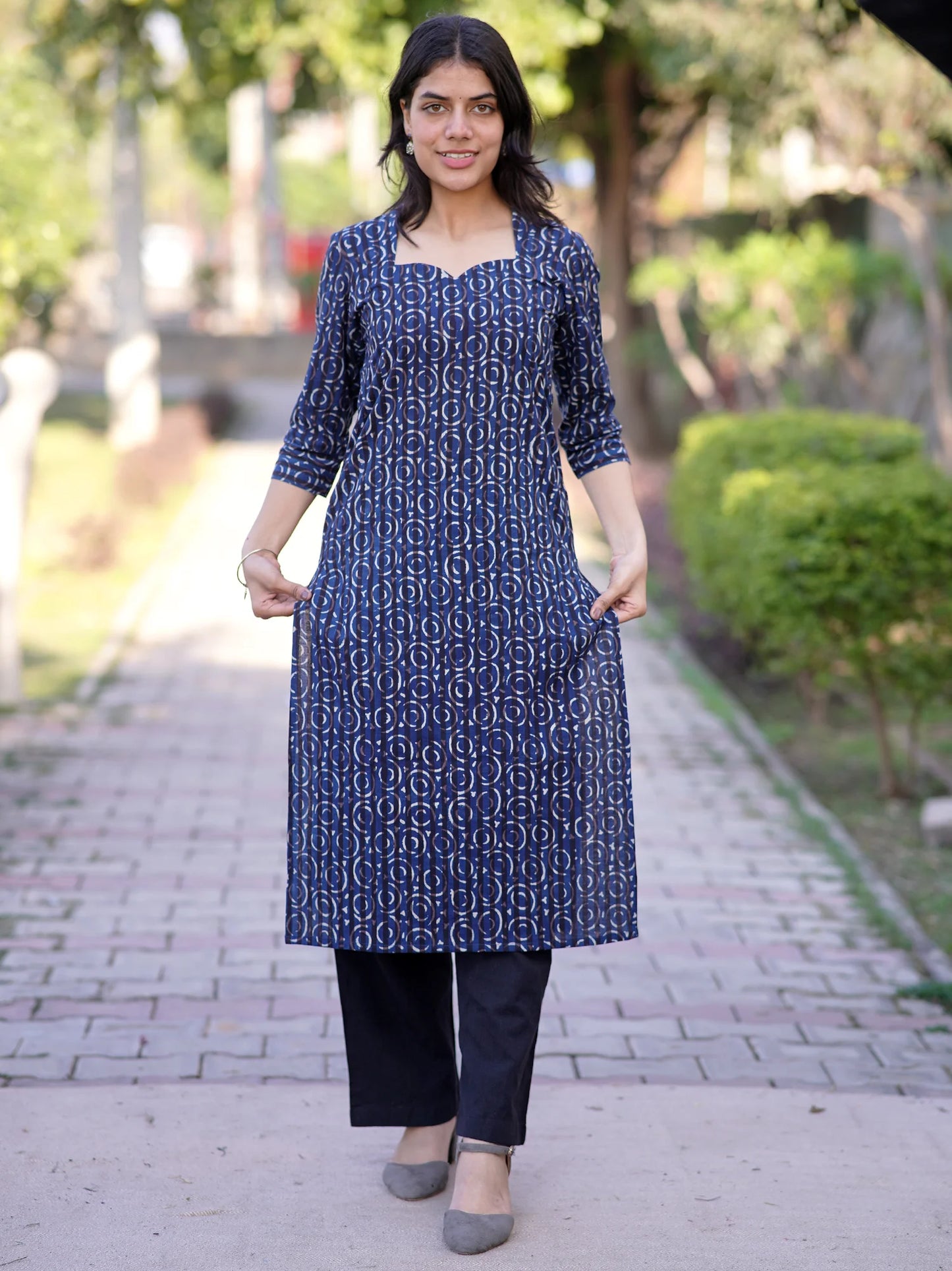 Navy Blue Geometric Block Printed Kurta