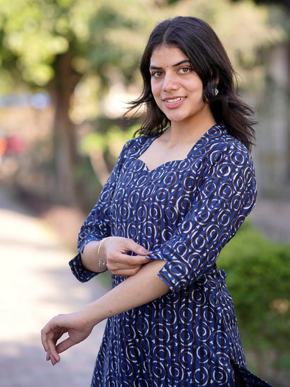 Navy Blue Geometric Block Printed Kurta