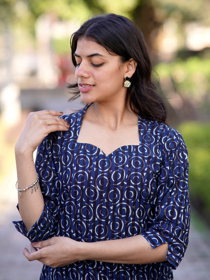 Navy Blue Geometric Block Printed Kurta