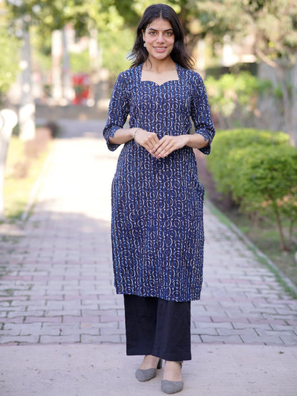 Navy Blue Geometric Block Printed Kurta