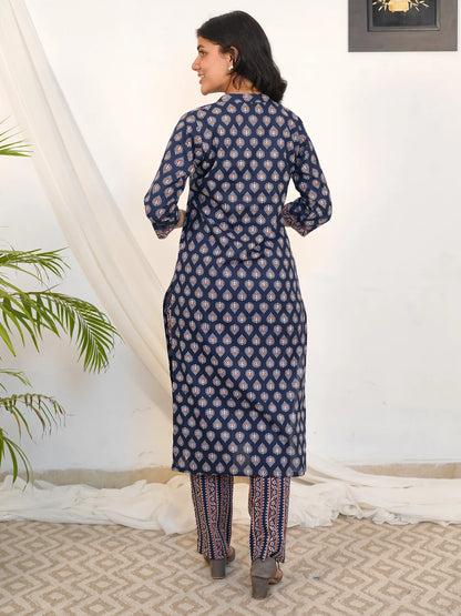Navy Blue Motif Kurta Pant Set