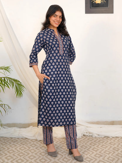 Navy Blue Motif Kurta Pant Set