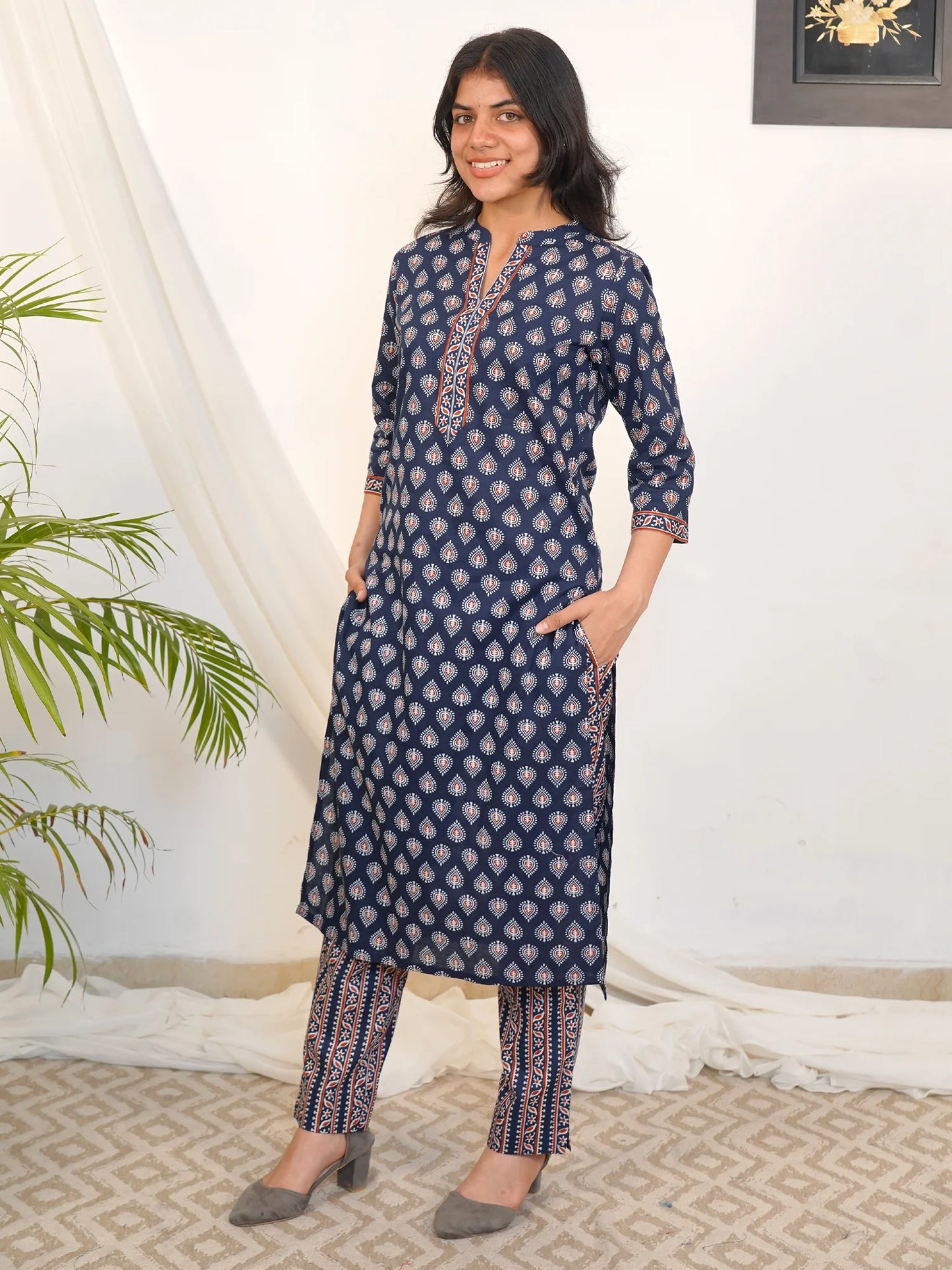 Navy Blue Motif Kurta Pant Set