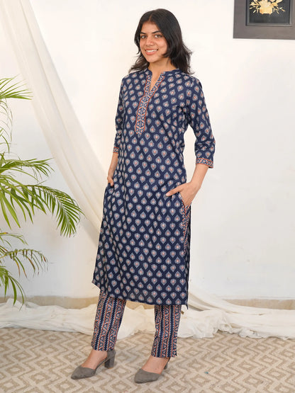 Navy Blue Motif Kurta Pant Set