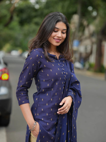 Navy Blue Soft Raw Silk Suit Set (3 Pcs.) with Lining