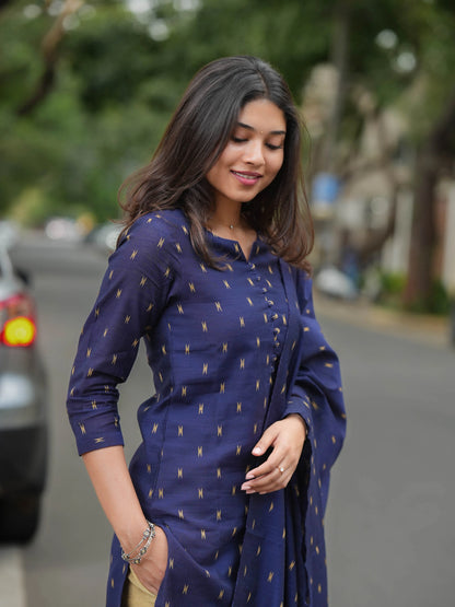 Navy Blue Soft Raw Silk Suit Set (3 Pcs.) with Lining