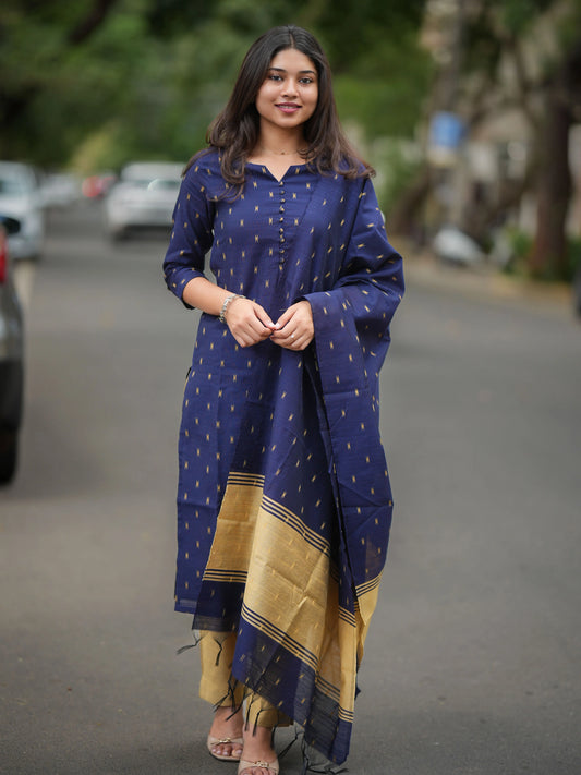 Navy Blue Soft Raw Silk Suit Set (3 Pcs.) with Lining