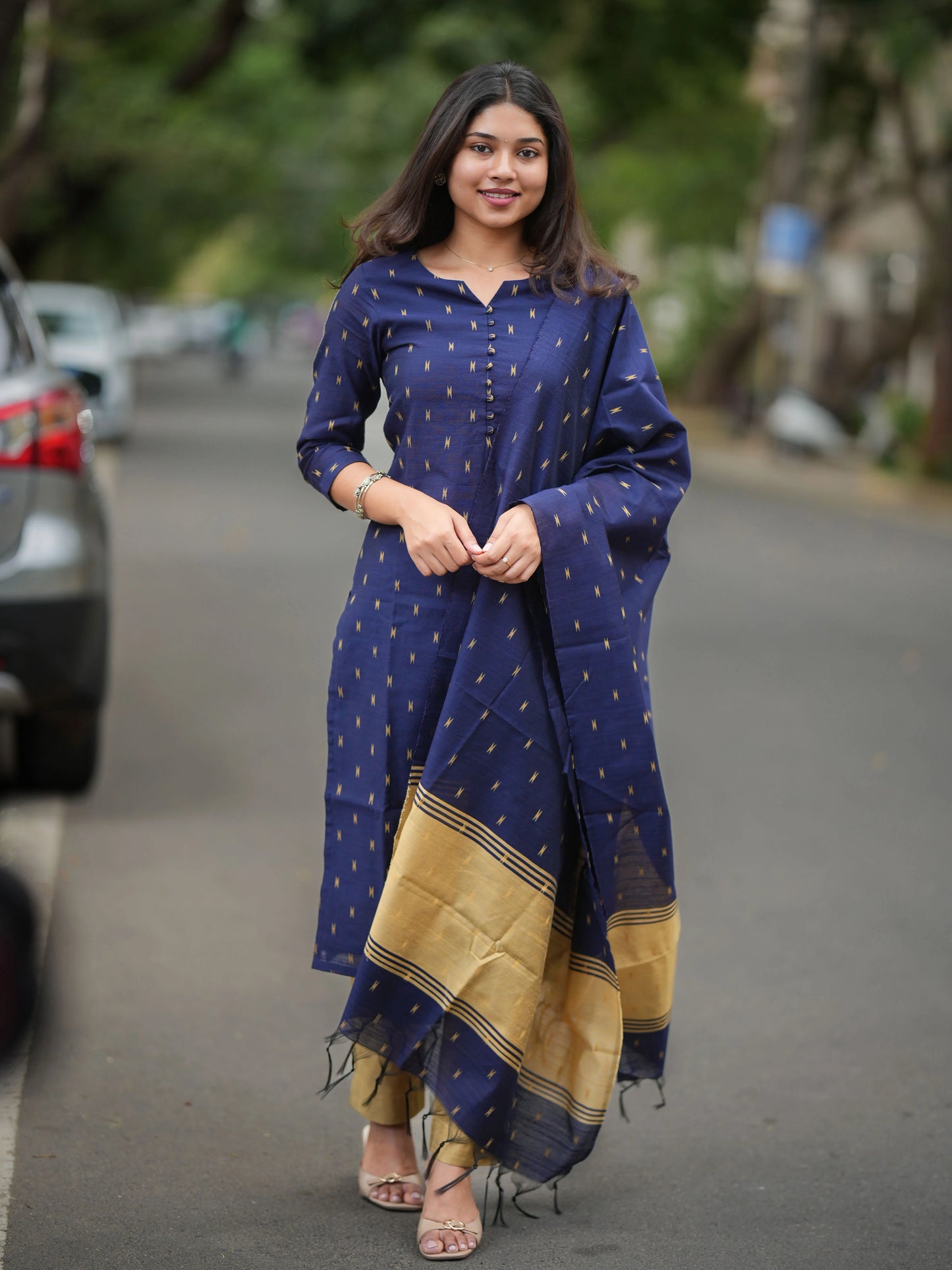 Navy Blue Soft Raw Silk Suit Set (3 Pcs.) with Lining