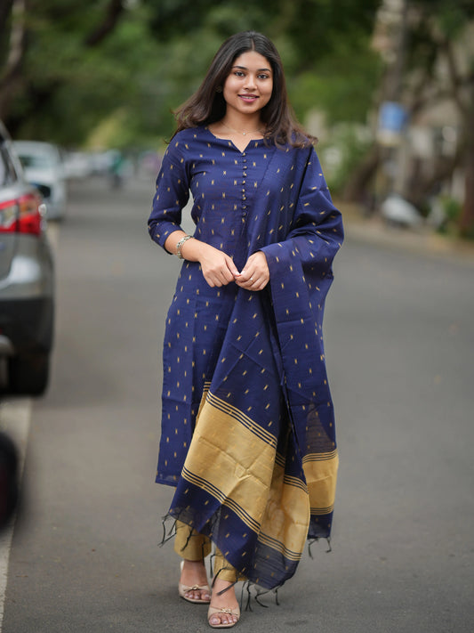 Navy Blue Soft Raw Silk Suit Set (3 Pcs.) with Lining