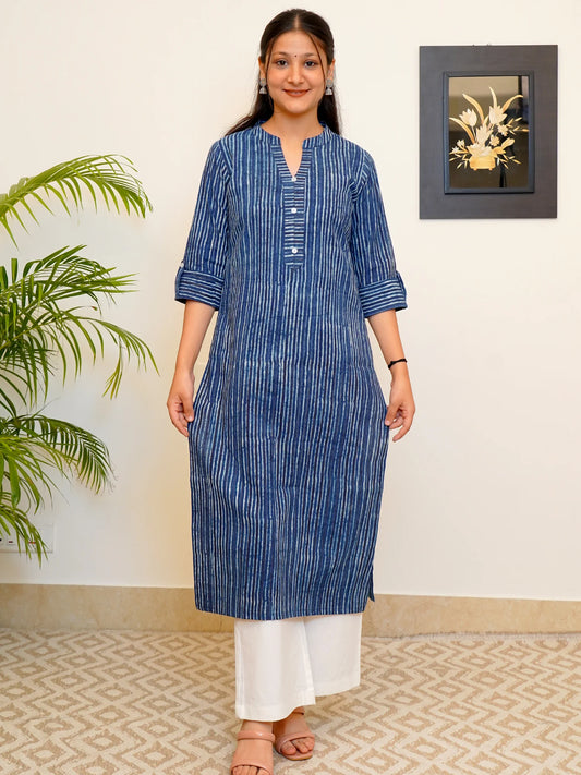 Navy Blue Striped Block Printed Collar Kurta