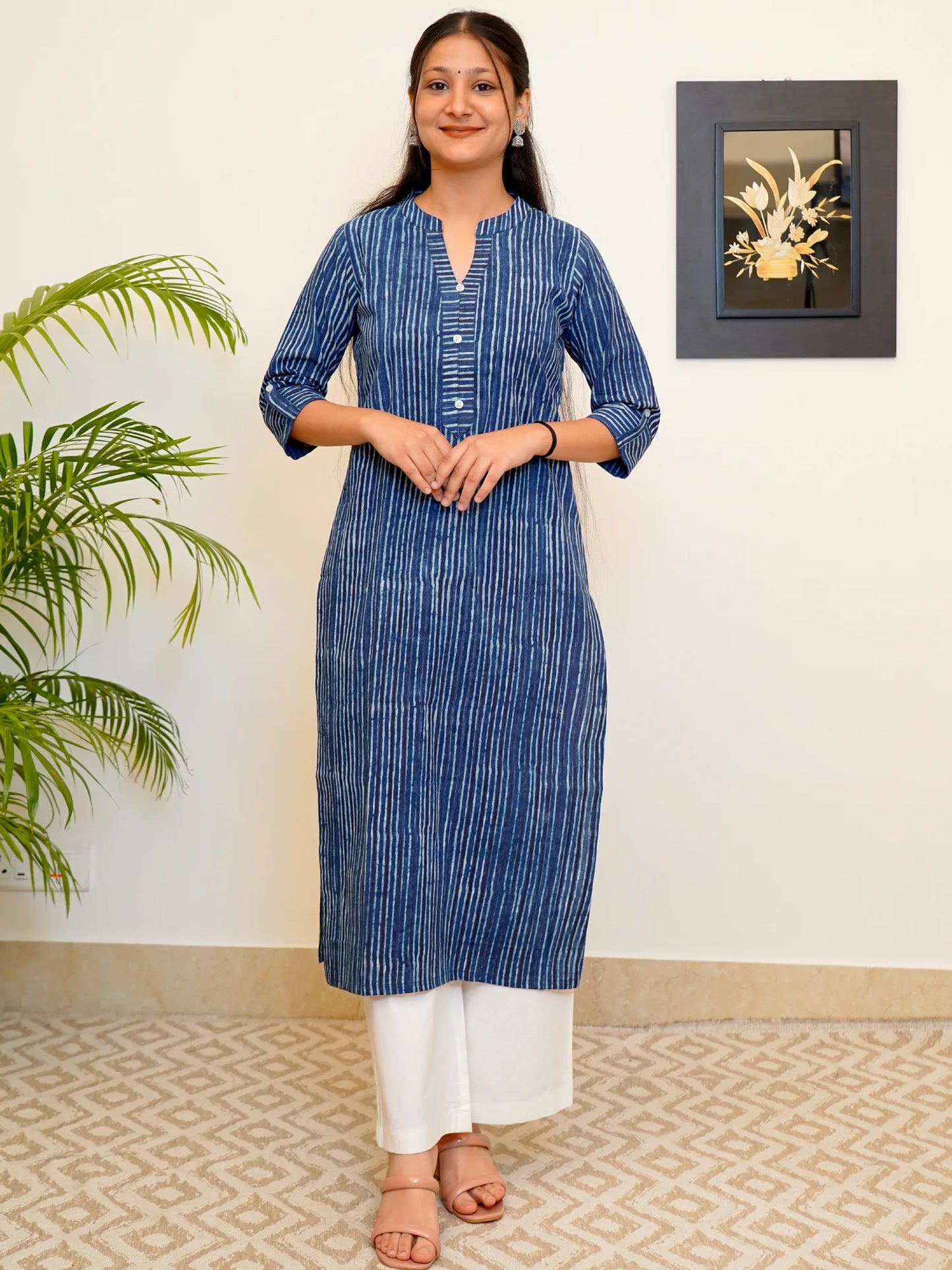 Navy Blue Striped Block Printed Collar Kurta
