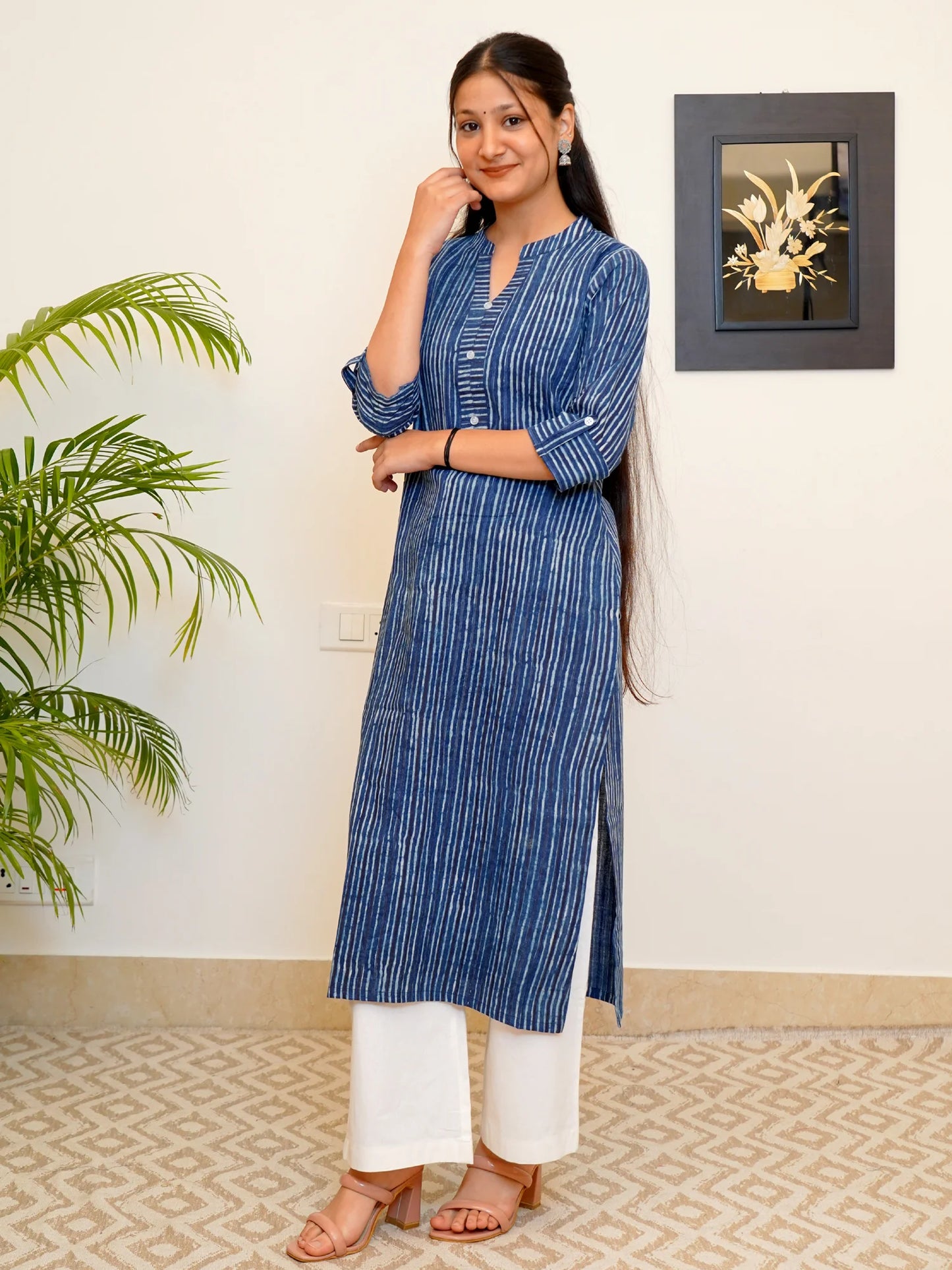 Navy Blue Striped Block Printed Collar Kurta