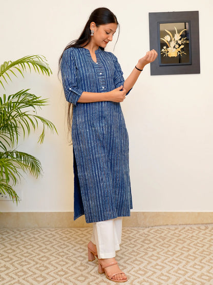 Navy Blue Striped Block Printed Collar Kurta