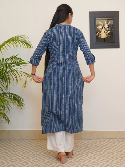 Navy Blue Striped Block Printed Collar Kurta