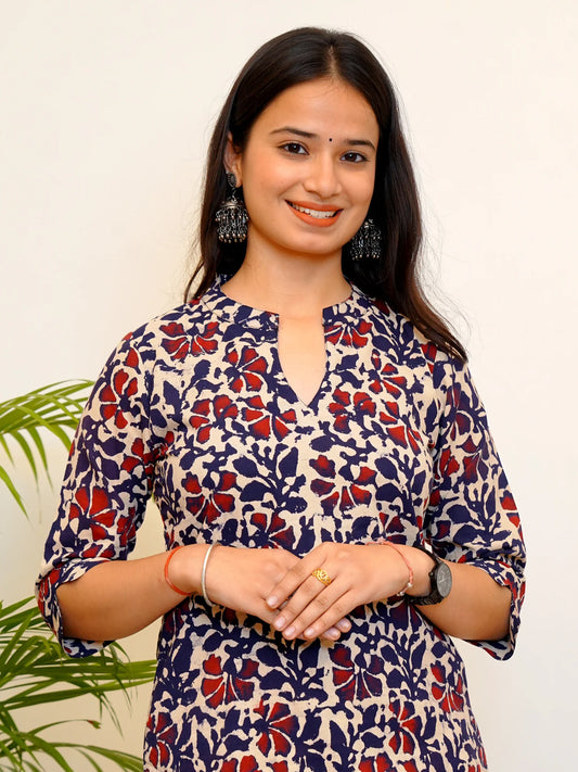 Navy Blue and Maroon Floral Block Printed Collar Kurta