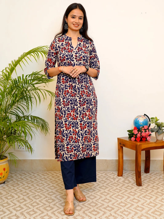 Navy Blue and Maroon Floral Block Printed Collar Kurta