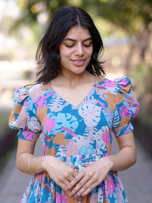 Ocean Leaf Georgette Tiered Dress