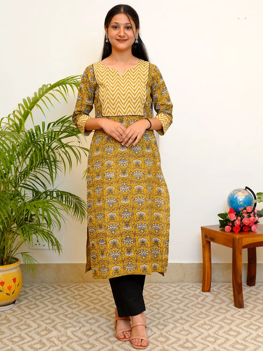 Olive Green Block Printed COTTON Yoke Kurta