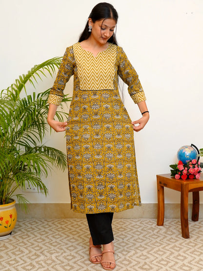 Olive Green Block Printed COTTON Yoke Kurta