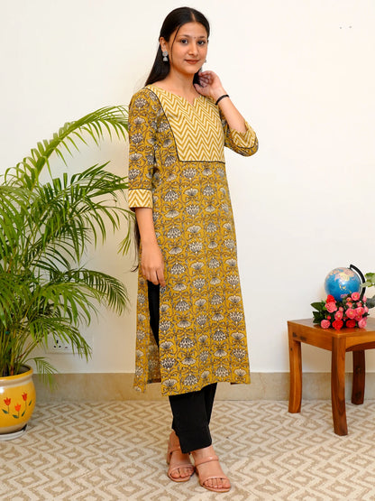 Olive Green Block Printed COTTON Yoke Kurta