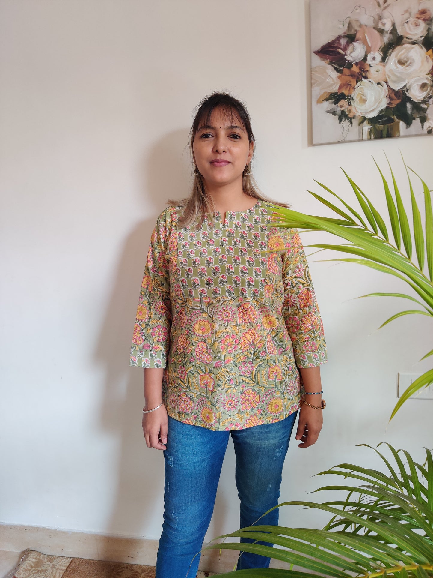 Olive Green Hand Block Printed Yoke Kurti