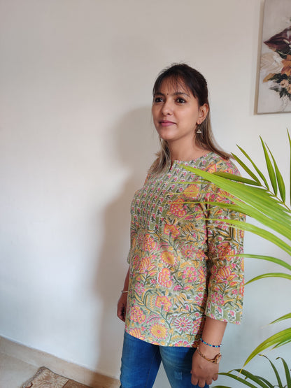 Olive Green Hand Block Printed Yoke Kurti