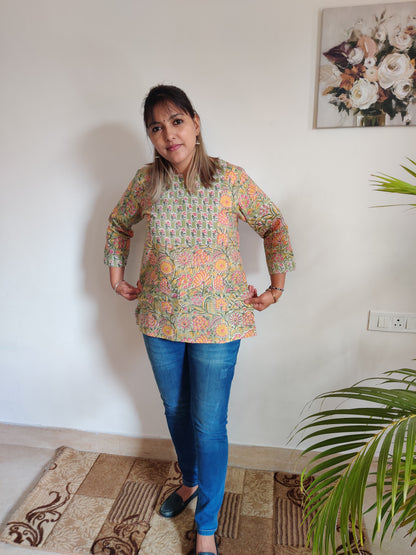 Olive Green Hand Block Printed Yoke Kurti