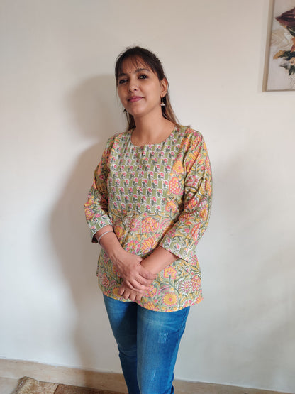 Olive Green Hand Block Printed Yoke Kurti