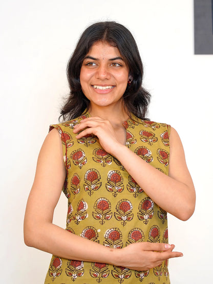 Olive Sunshine Sleeveless Block Printed COTTON Kurta