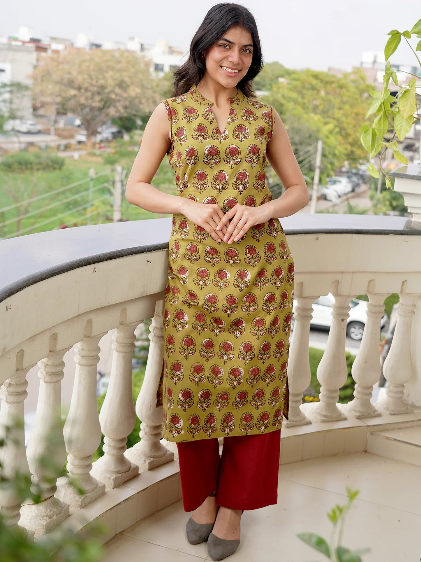 Olive Sunshine Sleeveless Block Printed COTTON Kurta
